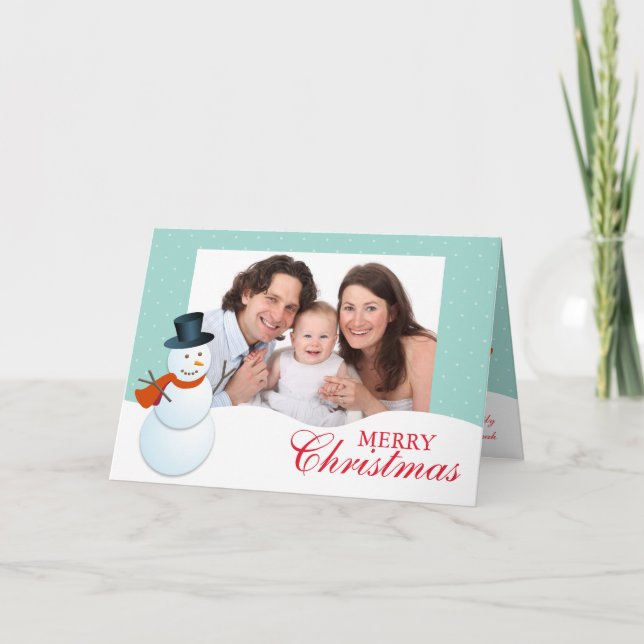 Friendly snögubbe (blått julfoto) helgkort (Framsida)