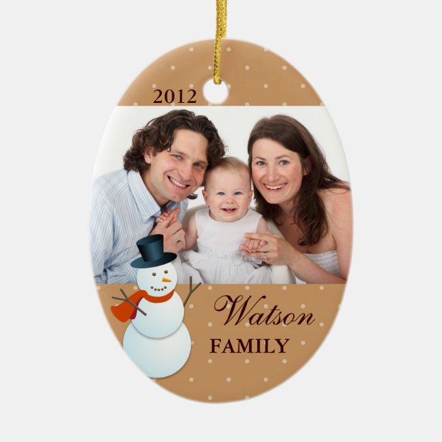 Friendly snögubbe, brunt julfoto i nordpolen julgransprydnad keramik (Framsidan)