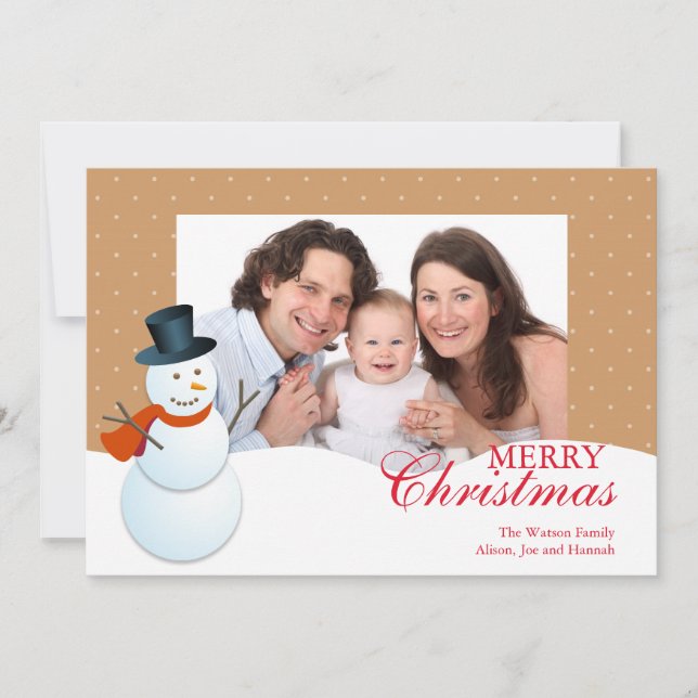 Friendly snögubbe, brunt julfoto i nordpolen julkort (Framsida)