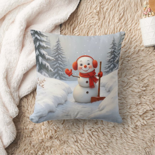 Friendly Snowman with a Red Shovel Kudde (Filt)