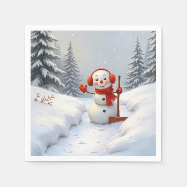 Friendly Snowman with a Red Shovel Pappersservett (Framsidan)
