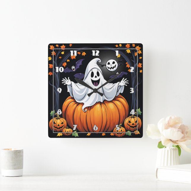 Friendly spöke som firar Halloween i en pumpa Fyrkantig Klocka (Hem)