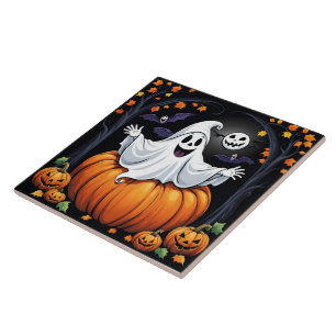Friendly spöke som firar Halloween i en pumpa Kakelplatta