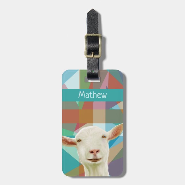 Friendly White Goat Colorful Geometric Background Bagagebricka (Vertikal Framsida)