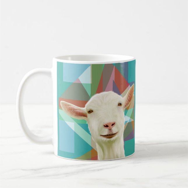 Friendly White Goat Colorful Geometric Background Kaffemugg (Vänster)