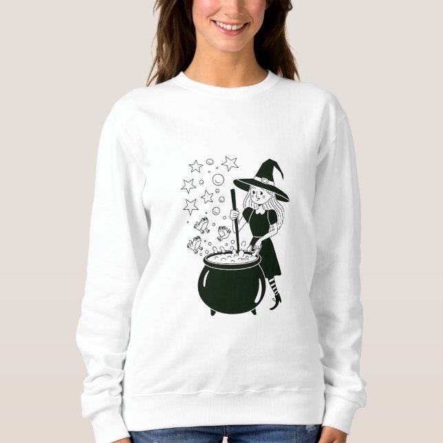 Friendly Witch Stirring Magic Cauldron T Shirt (Framsida)