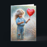 Friends Birthday Girl med Red Heart Balloon Kort<br><div class="desc">Barefoot-flickan som bar sig på denim jeans och höll en röd hjärtballong i land fält för en väns födelsedag. All text kan ändras.</div>