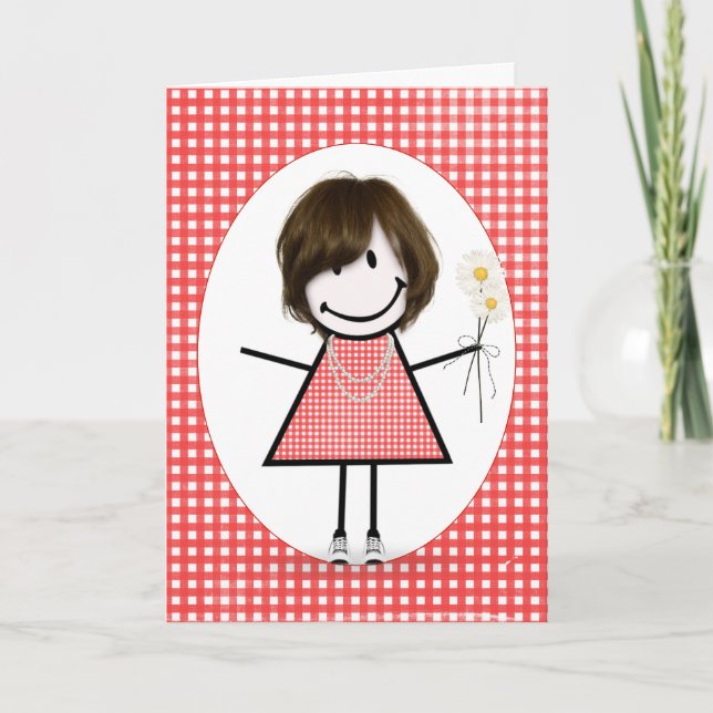 Friends Birthday Stick figur Girl på Gingham Kort (Framsida)