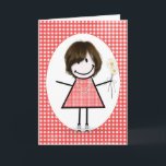 Friends Birthday Stick figur Girl på Gingham Kort<br><div class="desc">Cute stick figur flicka med hår,  senor,  ginghamklänning,  pärlhalsband och daisy bouquet på röd och vit ginghambakgrund. Inre text kan ändras.</div>