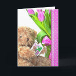 Friends födelsedag Bear Kort<br><div class="desc">Nalle med tulpanbouquet och polka punkt gräns och snöre för Friends födelsedag.</div>