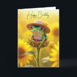 Friends födelsedag Frog på en solrosbud Kort<br><div class="desc">En söt groda med halm som sitter på en solroskampa omgiven av solblommor Innertexten kan ändras.</div>