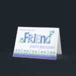 Friends födelsedag med Periwinkle Flowers Card Helgkort<br><div class="desc">Ett mycket söt- och feminininskt hälsningskort för en väns födelsedag, med periwinkle mönstrad brev, en periwinkle gräns vid grund och en periwinkle-blomma som dekorerar ord, FRIEND, som är fylld med olika mönster från min Periwinkle Collection. Bakgrunden är mycket blek blå polka dots på vitt och det främre omslaget "Till ett...</div>