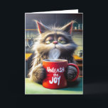 Friends födelsedag Sömnig katt med Red Mugg Kort<br><div class="desc">En flytande katt med sömnig ögon har en ångande röd mugg med sloganen "Släpp loss glädjen" i ett mysigt köksrum. Inre text kan ändras.</div>