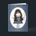 Friends födelsedag Stick figur Girl Kort<br><div class="desc">Cute stick figur flicka med hår,  senor,  blå denim-klänning,  pärlhalsband och daisy bouquet på blå denim-bakgrund.</div>