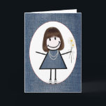 Friends födelsedag Stick figur Girl Kort<br><div class="desc">Cute stick figur flicka med hår,  senor,  blå denim-klänning,  pärlhalsband och daisy bouquet på blå denim-bakgrund.</div>