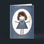 Friends födelsedag Stick figur Girl Kort<br><div class="desc">Cute stick figur flicka med hår,  senor,  blå denim-klänning,  pärlhalsband och daisy bouquet på blå denim-bakgrund.</div>