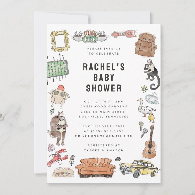 FRIENDS™ Watercolor Icons Baby Shower Inbjudningar (Framsida)