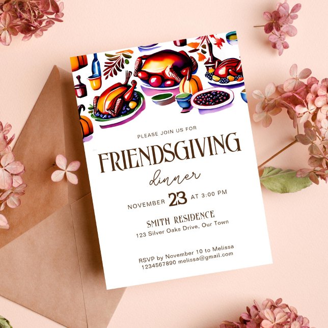 Friendsgivig Thanksgiving bord gör modernt Inbjudningar (Friendsgiving thanksgiving dinner party template invitation modern turkey meals art retro )