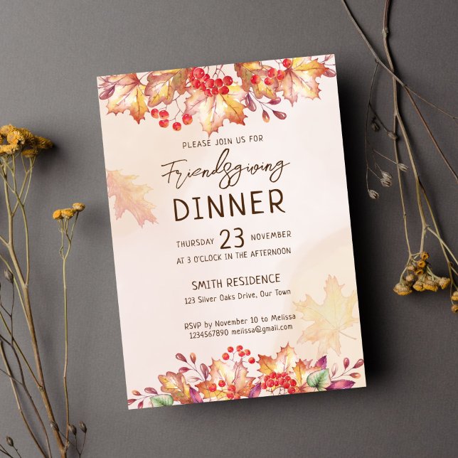 Friendsgivig Thanksgiving fall blad Inbjudningar (Freindsgiving thanksgiving dinner party template invitation instant download fall watercolor foliage)