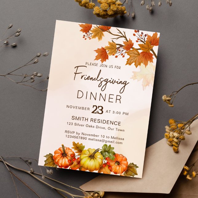 Friendsgivig Thanksgiving fall bladpumpor Inbjudningar (Freindsgiving thanksgiving dinner party invitation template instant download autumn foliage pumpkins)