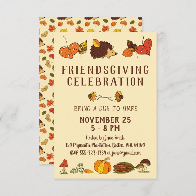 Friendsgiving Celebration with Hedgehog Inbjudningar (Fram/baksida)
