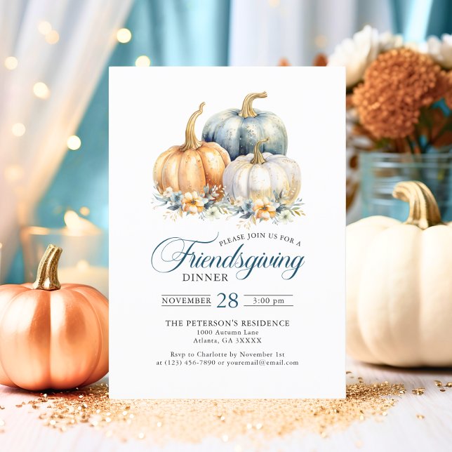 Friendsgiving Dinner Blue Orange Guld Pumpkins Inbjudningar (Friendsgiving Dinner Blue Orange Gold Pumpkins Invitation)