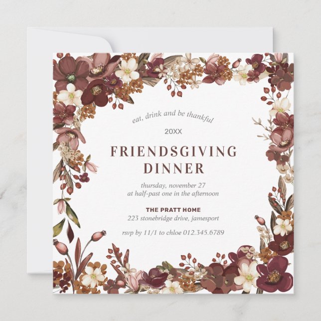 Friendsgiving Dinner Burgundy Mauve White Blommigt Inbjudningar (Framsida)