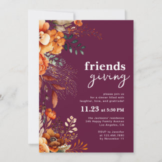 Friendsgiving dinner classy burgundy floral inbjudningar