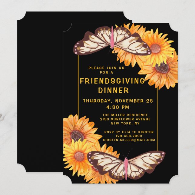 Friendsgiving Dinner Rustic Sunwers Butterfly Inbjudningar (Fram/baksida)