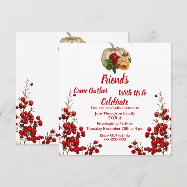 Friendsgiving Fall Autumn Pumpkin Ro Red Berry Inbjudningar (Fram/baksida)
