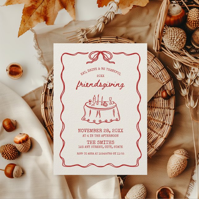 Friendsgiving Feast för direktritad Thanksgiving p Inbjudningar (Friendsgiving invitation - thanksgiving with friends and football - hand illustrated, drawn red)