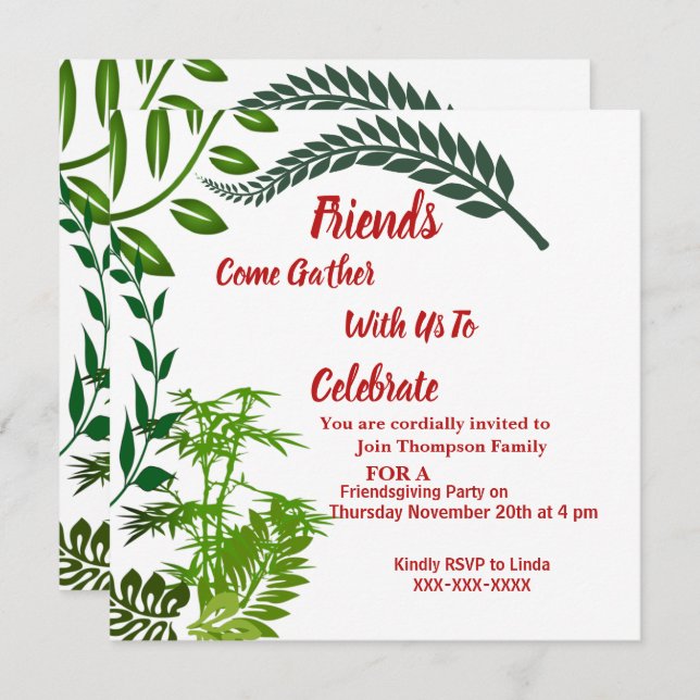 Friendsgiving Grönt Höstlöv Vattenfärg Inbjudningar (Fram/baksida)