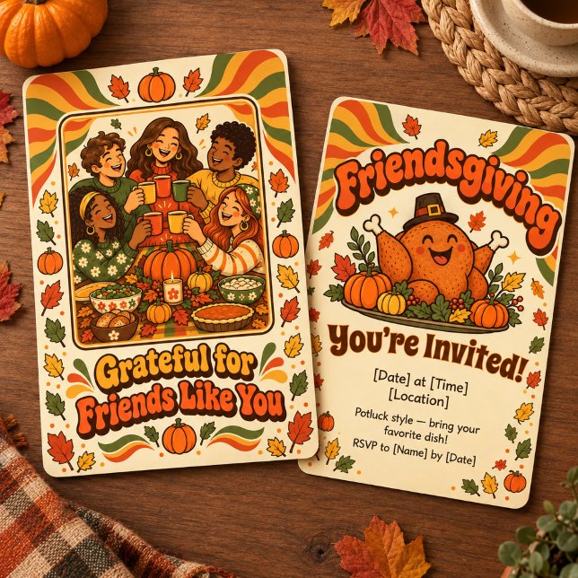 Friendsgiving Groovy Retro Kalkon Potluck Inbjudningar (Celebrate friendship with this groovy retro Friendsgiving invitation in cozy autumn colors! 🍂🦃)
