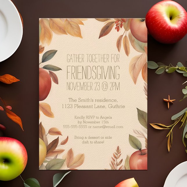 Friendsgiving Höst Äpple Skörd Vattenfärg Höst Inbjudningar (Boho watercolor Friendsgiving dinner party invitation with Fall apples)