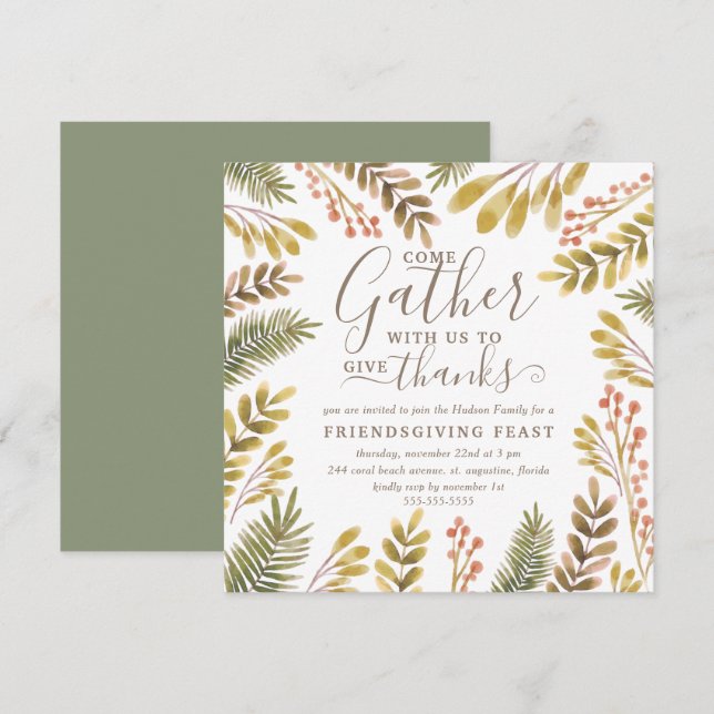 Friendsgiving Hösten Greenery Watercolor Wandeans Inbjudningar (Fram/baksida)