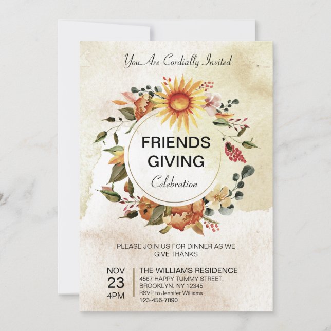 Friendsgiving Middag Thanksgiving Solros hösten Inbjudningar (Framsida)