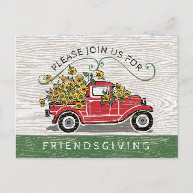 Friendsgiving Middag Vintage Red Lastbil Solblommo Inbjudan Vykort (Framsida)
