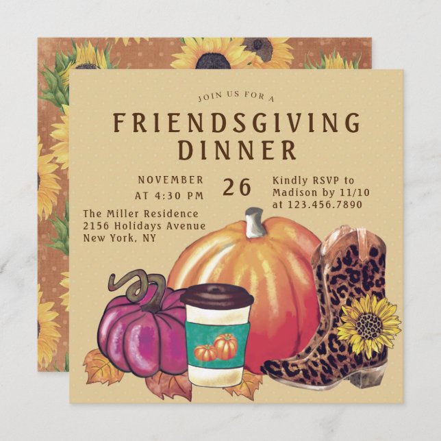 Friendsgiving Midinner Sunblommor Pumpkin Boots Inbjudningar (Fram/baksida)