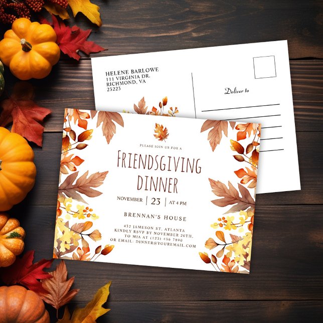 Friendsgiving modern Thanksgiving-middag Inbjudan Vykort (Fall Modern Friendsgiving Dinner Invitation Postcard)