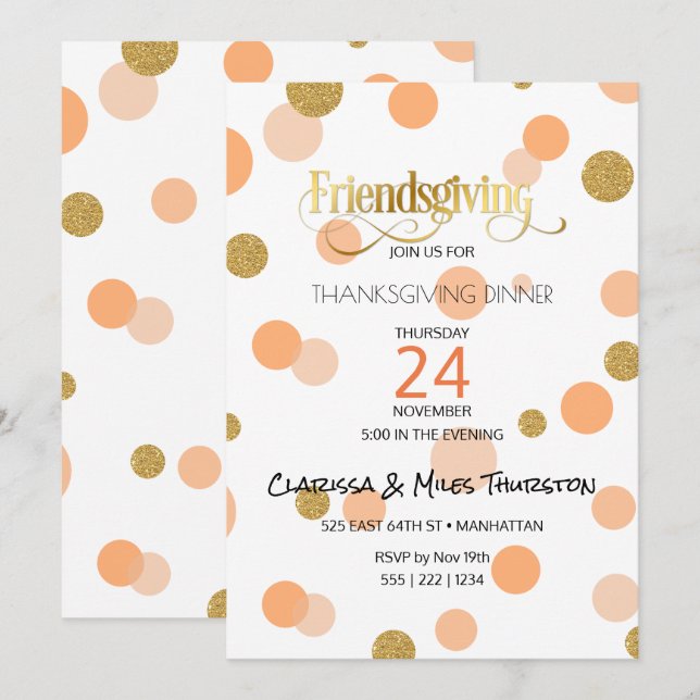 Friendsgiving Orange & Guld Prickar Modern Inbjudningar (Fram/baksida)