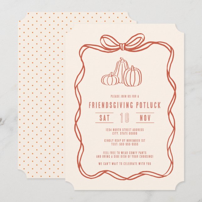 Friendsgiving Potluck Dinner Coquette Bow Pumpkins Inbjudningar (Fram/baksida)