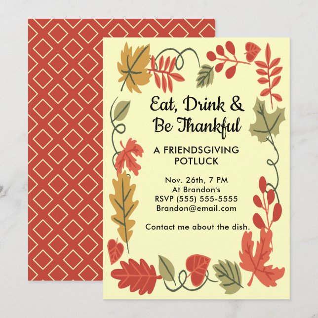 Friendsgiving Potluck Gult Thanksgiving Inbjudan (Fram/baksida)