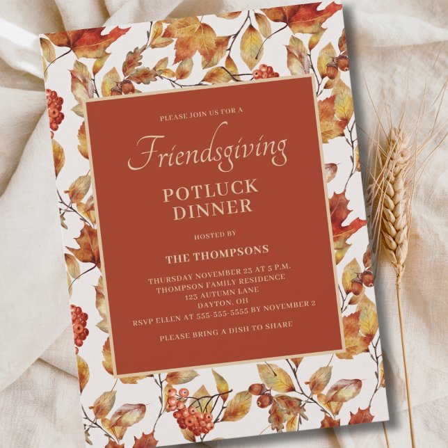 Friendsgiving Potluck Höst Foliage Tack till Thank Inbjudningar (Skapare uppladdad)