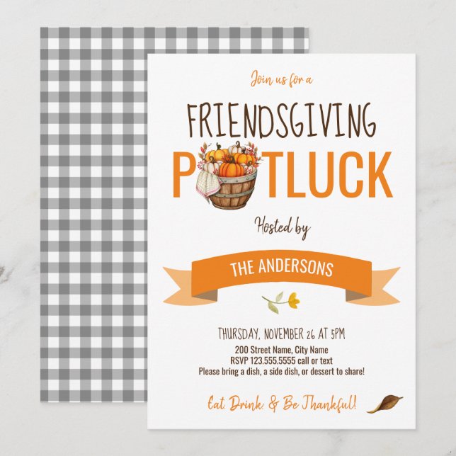 Friendsgiving Potluck Inbjudningar (Fram/baksida)