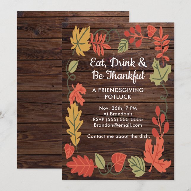 Friendsgiving Potluck Mörk Brown Wood Inbjudan (Fram/baksida)