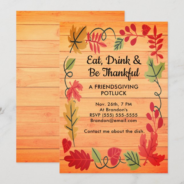 Friendsgiving Potluck Orange Wood Design Inbjudan (Fram/baksida)