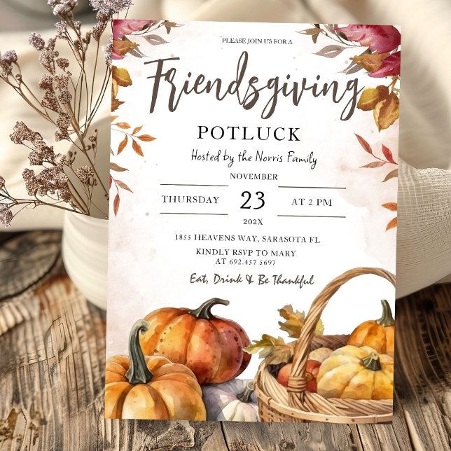 Friendsgiving Potluck Rustik Pumpa Thanksgiving Inbjudningar (Skapare uppladdad)