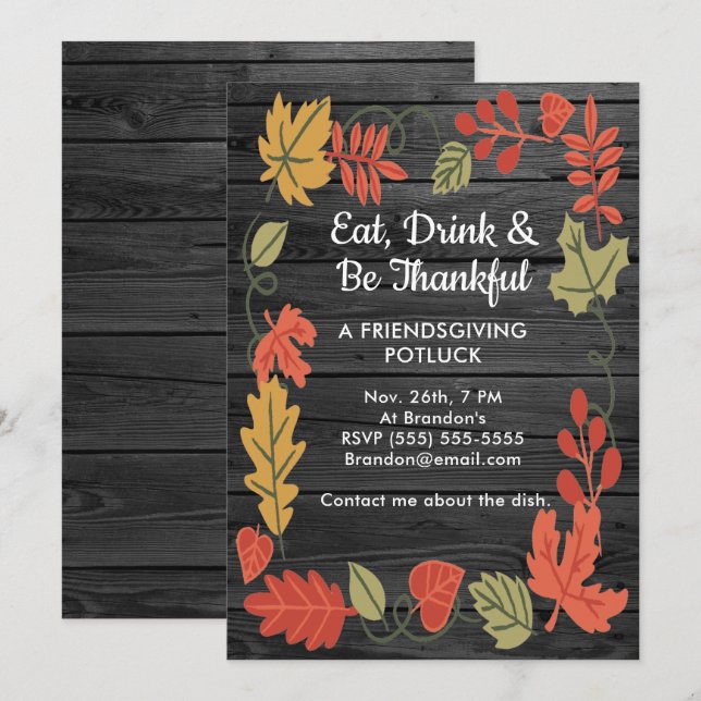 Friendsgiving Potluck Smoky Black Wood Inbjudan (Fram/baksida)