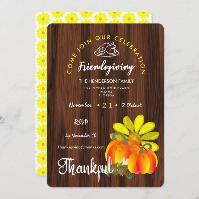 Friendsgiving Thankful Firande Rustic Inbjudningar (Fram/baksida)
