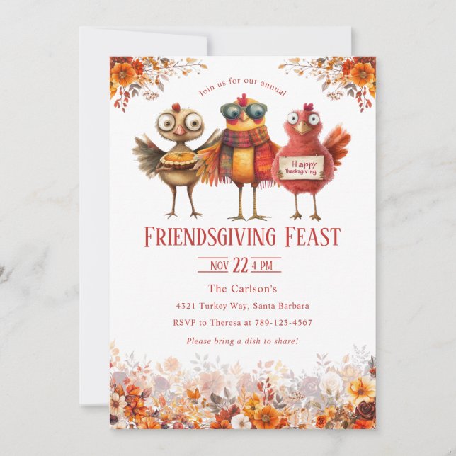 Friendsgiving Thanksgiving Cute Turkey Inbjudningar (Framsida)